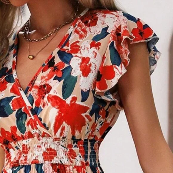 Boho dress, Floral Tropical V-Neck Ruffle Summer dress, Floral Minimalist dress - Picture 7 of 8